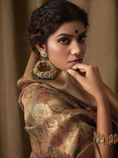 Incredible Golden Zari Weaving Jacquard Festival Wear Saree With Blouse
